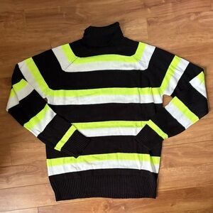 Men's Black and White Striped Turtleneck Sweater with Neon Accents